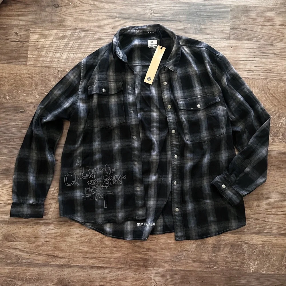 NWT Ksubi Consciousness Plaid Print Flannel Shirt Men's Size XL Ombre Gray Black - Picture 10 of 16